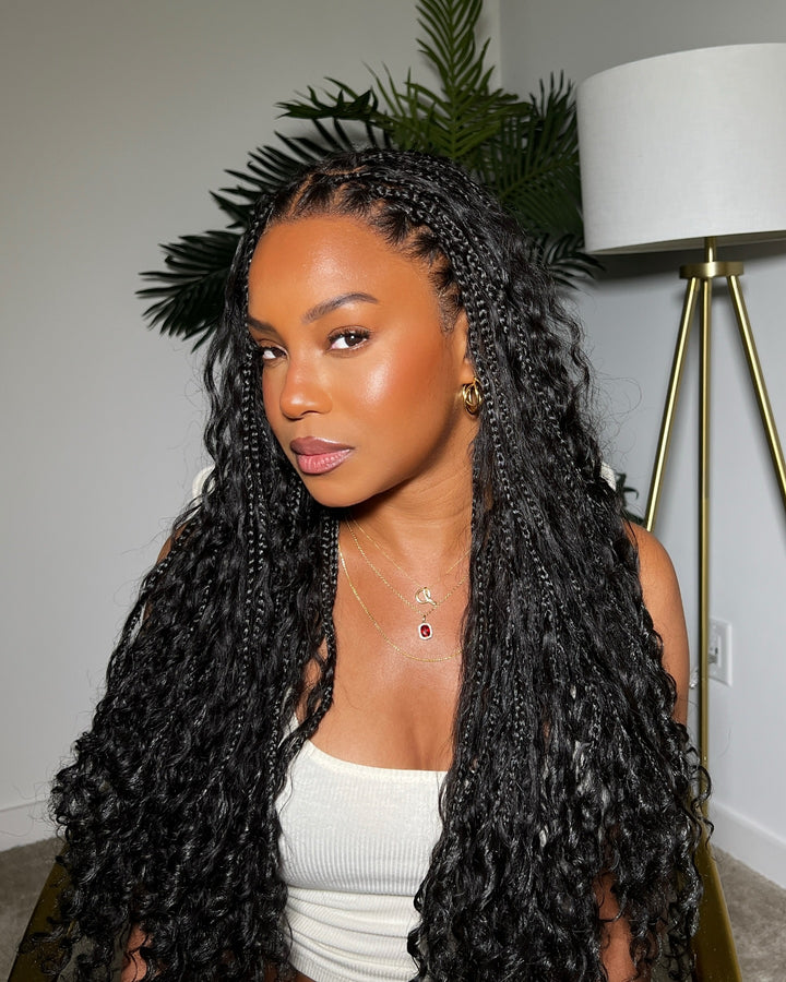 Light Weight Invisi Strap Full Lace Knotless Boho Curls Braided Wig Super Natural Scalp