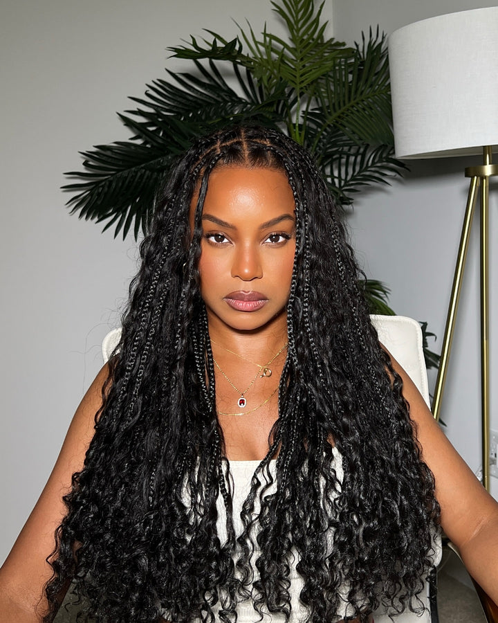 Light Weight Invisi Strap Full Lace Knotless Boho Curls Braided Wig Super Natural Scalp
