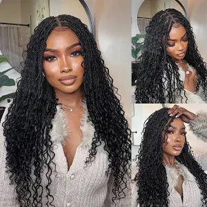 Light Weight Invisi Strap Full Lace Knotless Boho Curls Braided Wig Super Natural Scalp